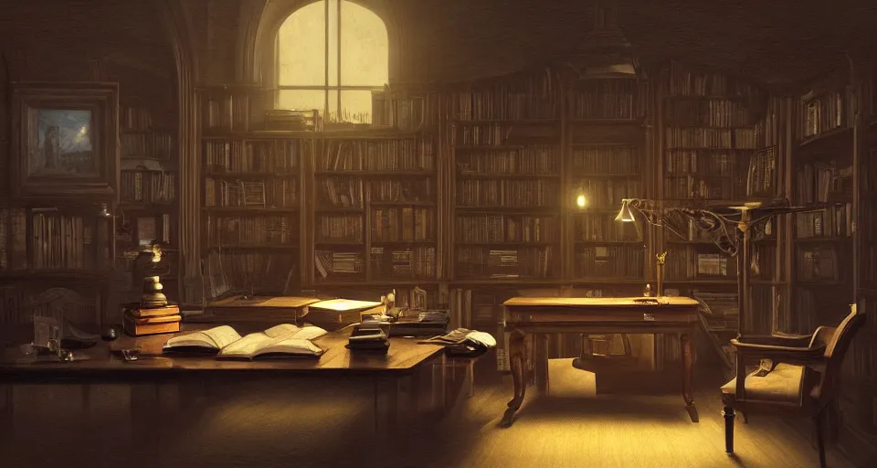 Prompt: work table in a dark victorian study room with bookshelves, papers and souvenirs bookshelves, volumetric lighting, glowing lights, 4k, octane, digital painting, artstation, concept art, sharp focus, illustration, art by artgerm and greg rutkowski and alphonse mucha