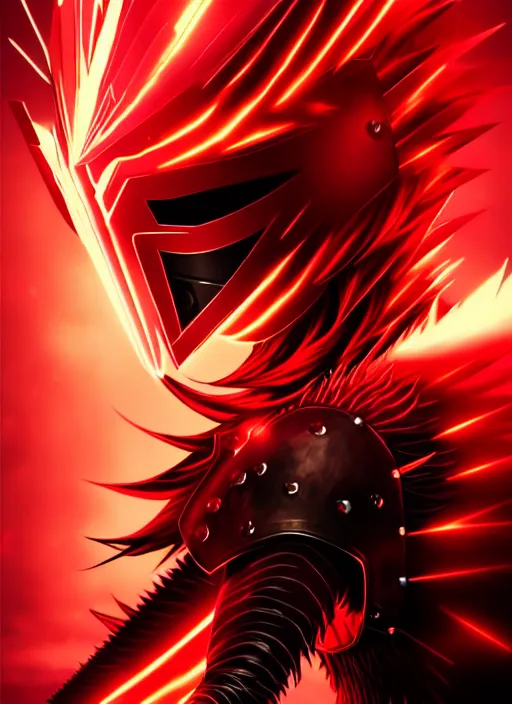 Image similar to a striking cinematic full body manga portrait of a long black haired masked male teenager wearing imposing red jagged spiked plate armour and glowing with raging powerful red energy by hirohiko araki and beeple, fine details, digital art, character concept art, volumetric lighting, cinematic light, photorealistic