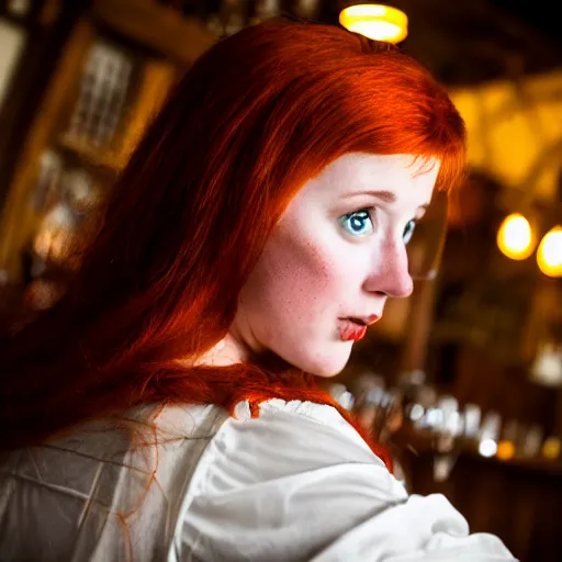 Image similar to beautiful bar maid with auburn hair, in a medieval tavern, dramatic, cinematic, filmic, 7 5 mm, f / 1. 8