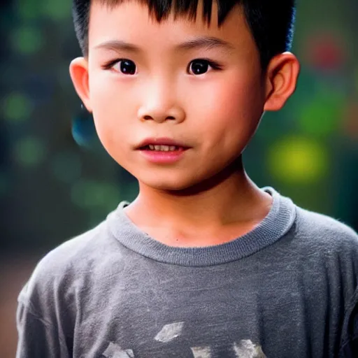 Image similar to cinematic still cute vietnamese 6 year old boy in star wars, slight underbite, heart shaped face, crew cut hair