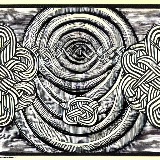 Prompt: an ornate illustration in the style of mandalic escher, wood engraving print, showing a geometric knot in a wheat field