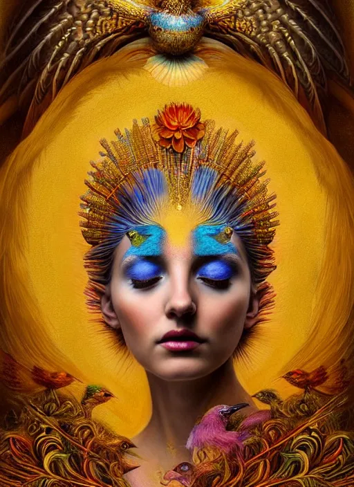 Prompt: portrait of the beautiful young goddess of birds, unusual beauty, etheric, outworldly colours, emotionally evoking symbolic metaphors, head in focus, fantasy, ornamental, intricate, elegant, highly detailed painting style photo, artstation, concept art, painterly, golden ratio, sharp focus, illustration, art by marco mazzoni and zdzisław beksinski,