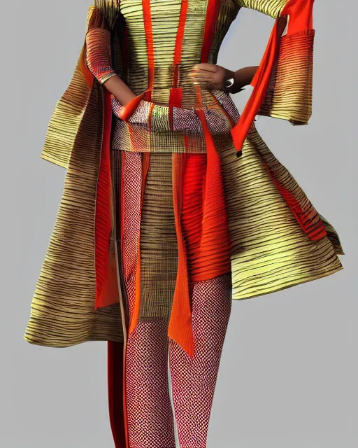 Prompt: Assamese bihu mekhela sador pattern gamosa style fashion costume design by PIERRE CARDIN, D&D futuristic space age aesthetic, modern stylish glamour body hugging cosplay, marvelous designer 3d rendered, bonded fiber holding geometric shapes, highly inventive pattern cutting, cgsociety, conceptual