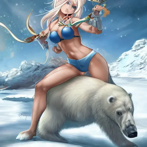 Image similar to bicolor - eyed blonde muscular anime girl warrior in bikini riding a polar bear in the snowy mountains background, epic fantasy digital painting, illustration by james jean and artgerm and mina petrovic and timothy kong and marina federovna, artstation