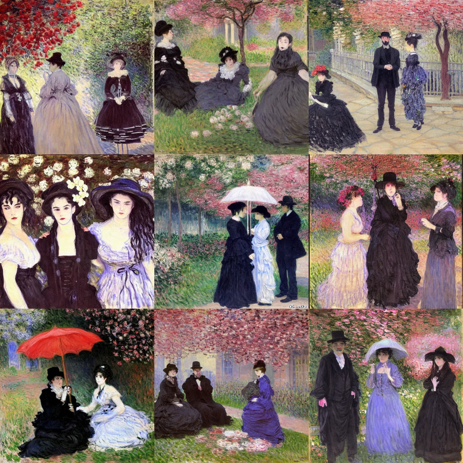 Prompt: an hd painting by claude monet. three goths loitering in the shade, talking beneath a cherry blossom outside a blockbuster video store.