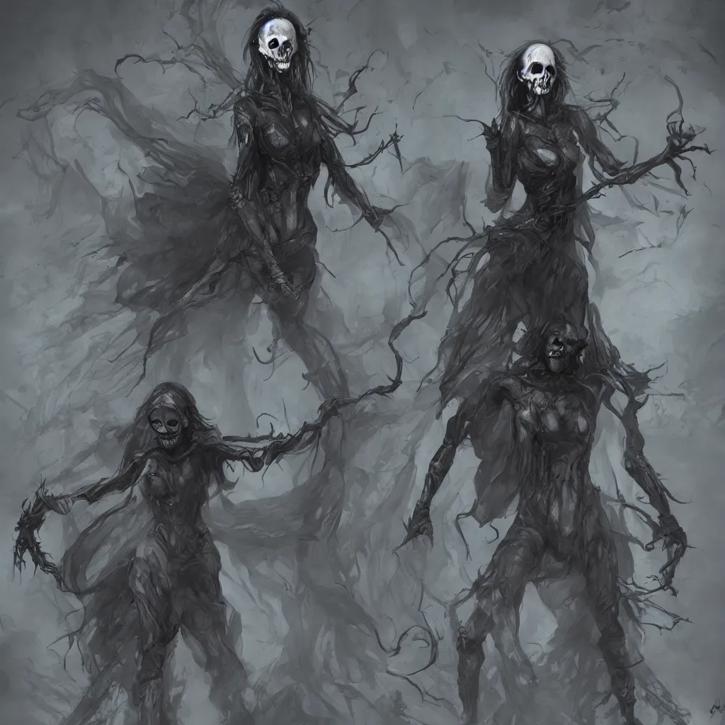 Image similar to female wraith, undead, dynamic pose, skull, terrifying, dark, fog, artstation