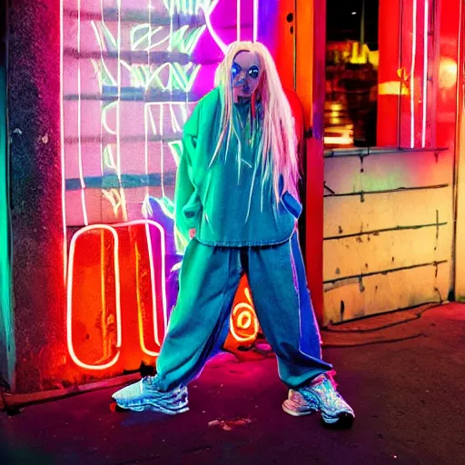 Image similar to billie eilish in the street, explosion of neon lights