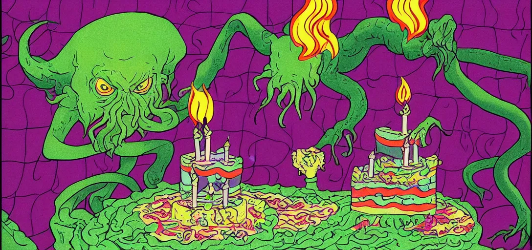 Prompt: Cthulhu laughing and blowing out the candles on his birthday cake, Mike Judge art style, 90's mtv illustration, surrealism, David Lynch film, fractal tile flooring, clean linework, vivid complementary colors