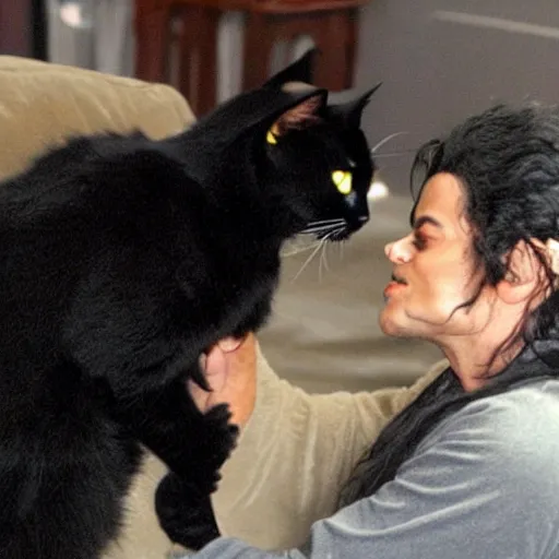 Prompt: 2009 this is It Michael Jackson taking care of a Black cat with yellow eyes, rare