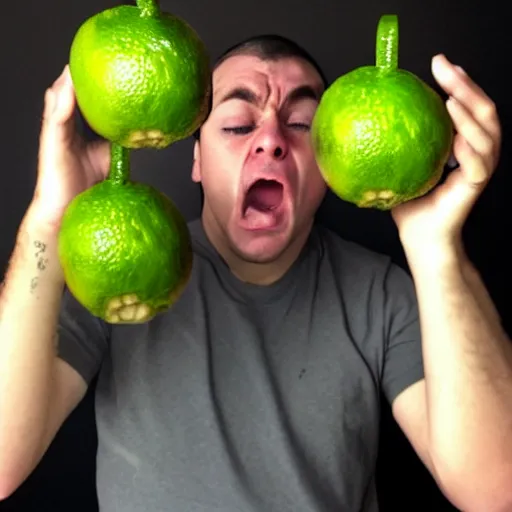 Image similar to guy who is holding too many limes with a very angry face