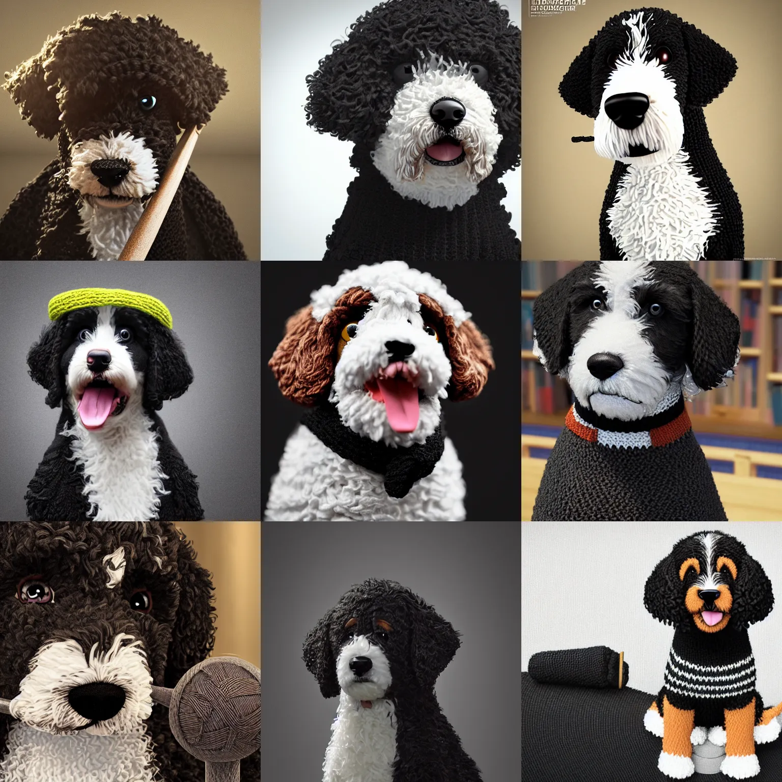 Prompt: a closeup photorealistic illustration of a knitted bernedoodle judge puppy wearing a black gown and speaking to the courthouse. holding a gavel. this 4 k hd image is trending on artstation, featured on behance, well - rendered, extra crisp, features intricate detail, epic composition and the style of unreal engine.