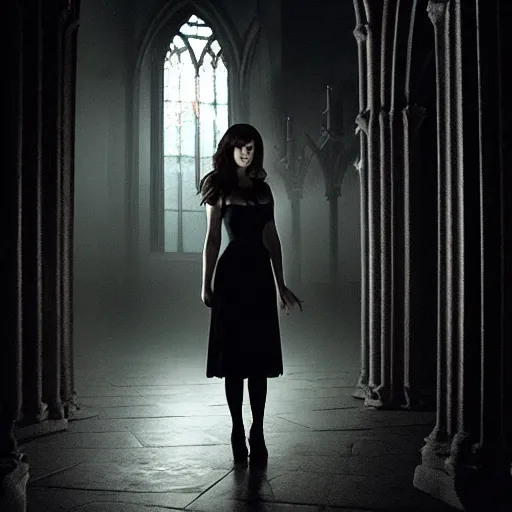 Prompt: mary elizabeth winstead as a vampire in a gothic cathedral at night, gloomy, cinematic, ground mist, volumetric light.