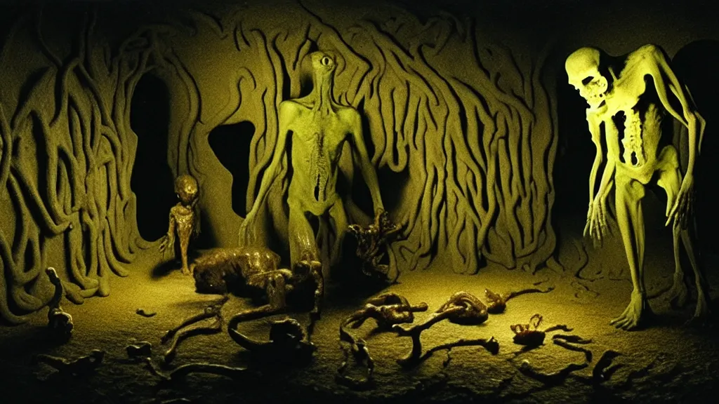 Image similar to the creature in the basement, made of wax! and bone ceramic, bioluminescence, surrounded by animals, film still from the movie directed by denis villeneuve and david cronenberg with art direction by salvador dali and zdzisław beksinski, wide lens