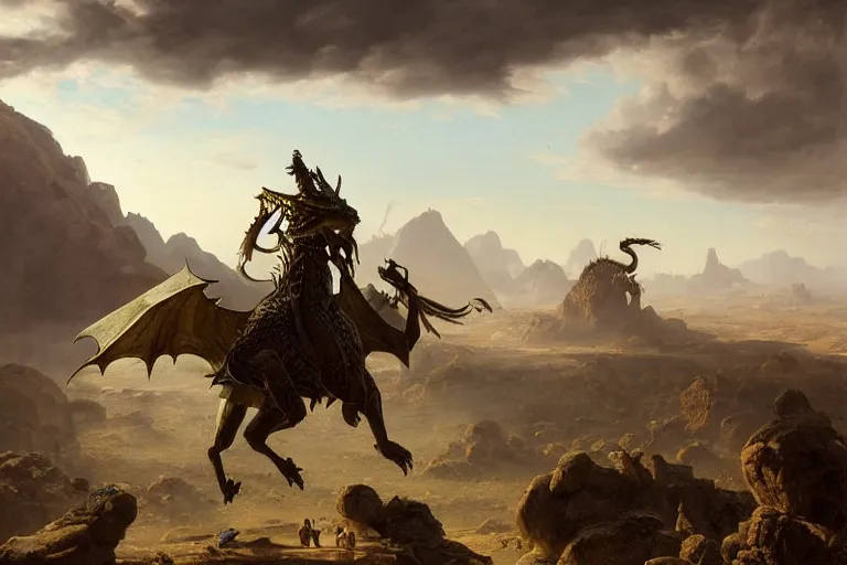 Image similar to shivan dragon from magic the gathering, flying low over an epic desert landscape at dawn by Ludwig Deutsch and Rudolf Ernst, strong dramatic cinematic lighting, lost civilizations, smooth, sharp focus, extremely detailed