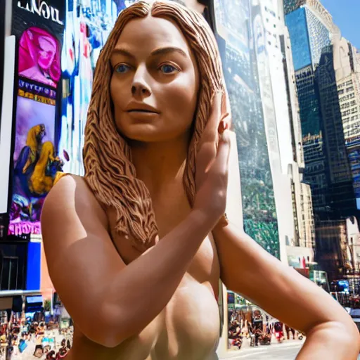 Image similar to extreme long - shot photograph of a renaissance clay sculpture of margot robbie in a swimsuit in front of times square, made by michelangelo, very detailed, sharp focus, 8 k resolution, ray tracing