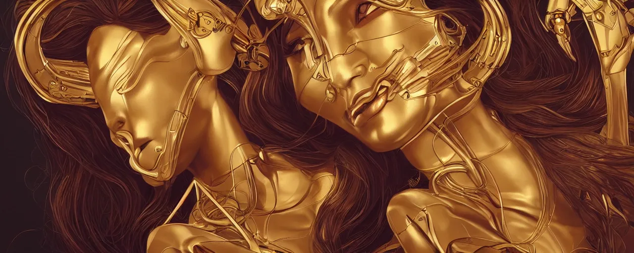 Prompt: beauty art nouveau woman, gold robotic, trending on artstation, by Artgerm