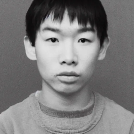 Prompt: A mugshot of a young Asian man, wearing a white baggy sweater, bowl cut hair