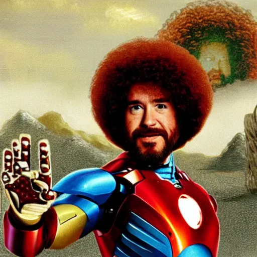 Image similar to a press photo Bob Ross as Ironman