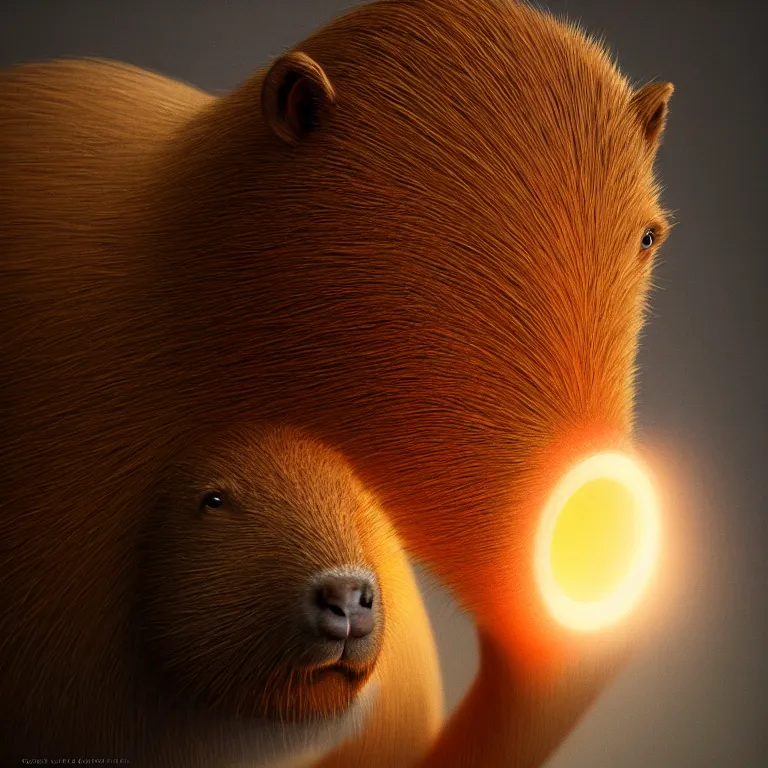 Image similar to a capybara behind a colorful ring light, octane render, trending on artstation, greg rutkowski very coherent symmetrical artwork. cinematic, hyper realism, high detail, octane render, 8 k