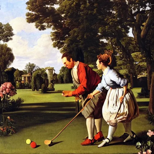Image similar to seinfeld playing croquet in the garden, oil on canvas, highly detailed, warm color scheme, soft lighting, sharp focus, adelaide labille - guiard, artemisia gentileschi