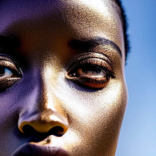 Prompt: portrait of metallic reflecting face, african woman, subtle iridescence, smooth, proud looking away, outdoor, blue sky, nature, 8 k, realistic, depth of field, highly detailed, award winning photography,