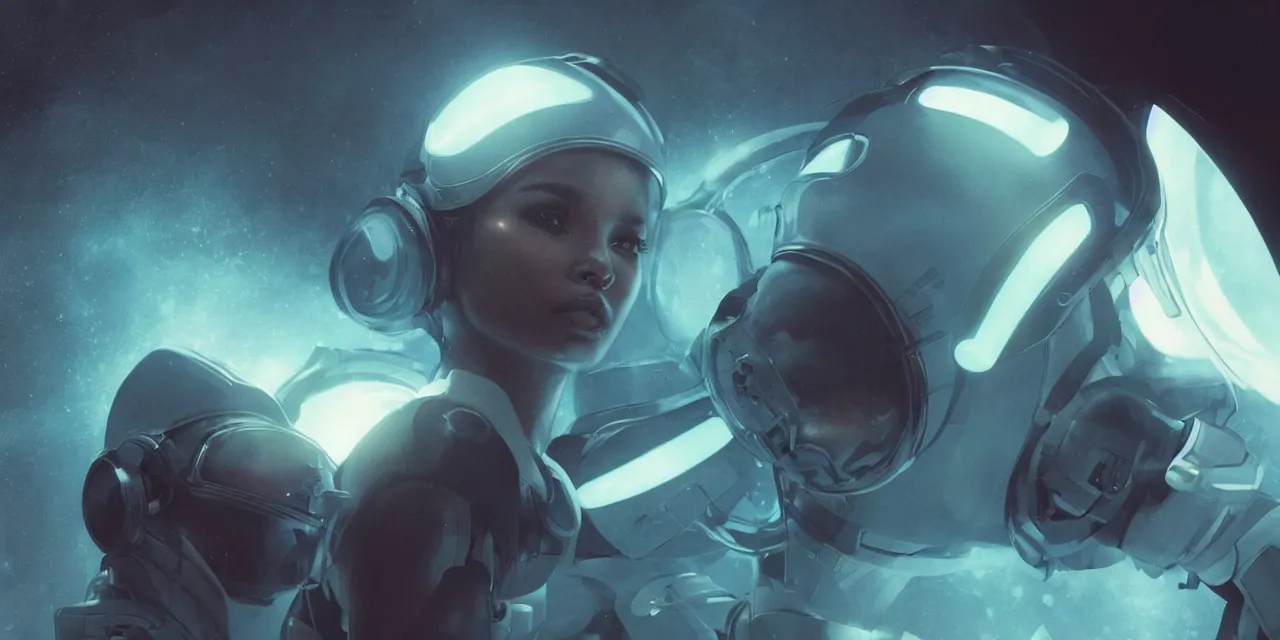 Image similar to Zoe Kravitz with short hair as a futuristic astronaut, helmet with led lights, underwater in the ocean at night, dark water, volumetric lighting, glowing lights, 4k, octane, digital painting, artstation, concept art, sharp focus, illustration, cinematic film still, art by artgerm and greg rutkowski and alphonse mucha , wide angle view,