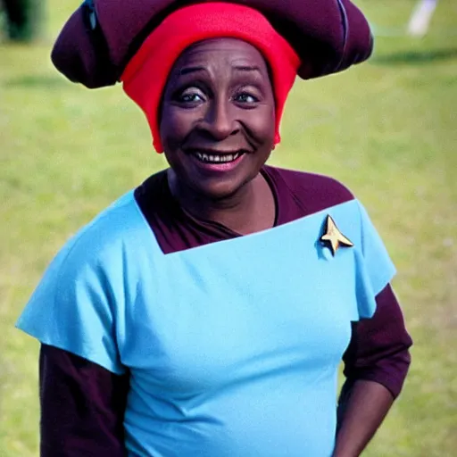 Prompt: guinan from star trek wearing random frisbees and hoops on her head