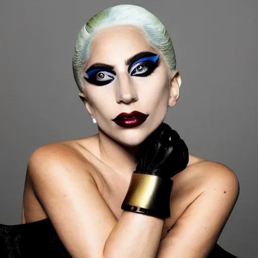 Image similar to Lady Gaga posing for a makeup shoot wearing geometric makeup, dramatic lighting