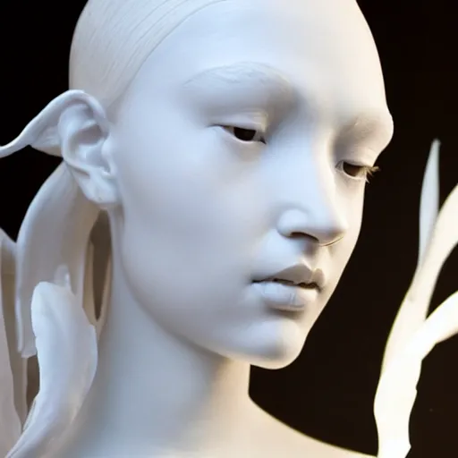 Image similar to full head and shoulders, beautiful female porcelain sculpture by daniel arsham and james jean, smooth skin. all white features on a clear white background, delicate facial features, white eyes, white lashes, detailed white, lots of 3 d giant lillies on head, gold leaf