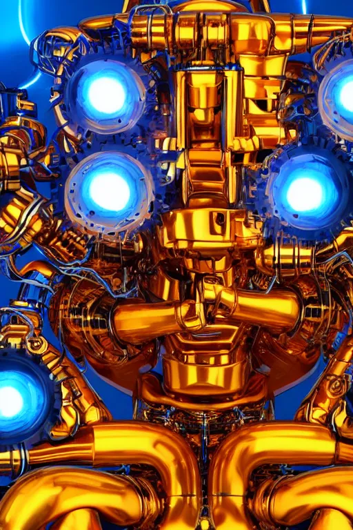 Image similar to portrait photo of a giant huge golden and blue metal humanoid steampunk robot keyboarder with multicolored big gears and tubes, a red piano, eyes are glowing red lightbulbs, shiny crisp finish, 3 d render, 8 k, insaneley detailed, fluorescent colors, background is multicolored lasershow