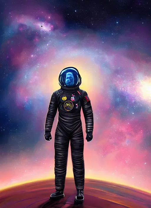 Prompt: black man in an advanced spacesuit without a helmet in front of exploding nebulae, digital illustration trending on artstation by artgerm and rutkowski