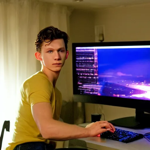 Prompt: tom holland behind a computer in his apartment room during a stormy night, photorealistic, cinematic lighting, highly detailed,