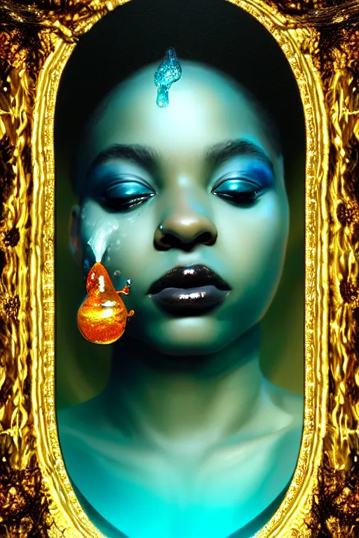 Prompt: hyperrealistic post rococo cinematic very expressive! black oshun goddess, in water up to her shoulders, translucent dripping droplet!, gold flowers, highly detailed face, digital art masterpiece, smooth eric zener cam de leon dramatic pearlescent teal back lighting, low angle uhd 8 k, sharp focus