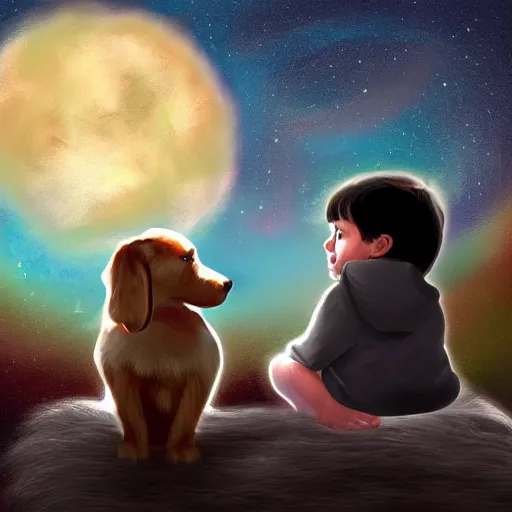 Image similar to a kid and a dog staring at the stars, digital art