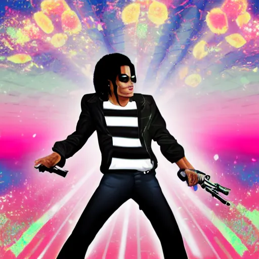 Prompt: Michael Jackson with a gun at a vaporwave themed place