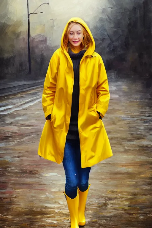 Image similar to a full body high detail portrait oil painting illustration of beautiful blonde woman with face and body clearly visible , dressed in yellow raincoat and yellow rubber boots walks in small town in Finland, realistic proportions, rpg, artstation trending, high quality, no crop, entire person visible, natural light, width 768