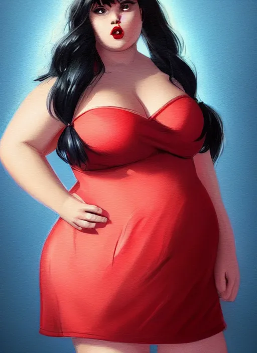 Prompt: full body portrait of teenage veronica lodge, obese, bangs, sultry, realistic, sultry smirk, wavy hair, red skirt, fat, belly, intricate, elegant, glowing lights, highly detailed, digital painting, artstation, concept art, smooth, sharp focus, illustration, art by wlop, mars ravelo and greg rutkowski