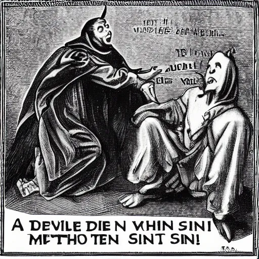 Prompt: A devil tempts a man with sin.