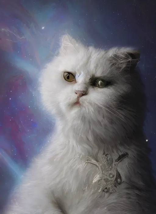 Image similar to masterpiece portrait of a white fluffy cat with cosmic armor, au naturel, hyper detailed, digital art, trending in artstation, cinematic lighting, studio quality, smooth render, unreal engine 5 rendered, octane rendered, art style by klimt and nixeu and ian sprigger and wlop and krenz cushart and kim jung gi and greg rutkowski