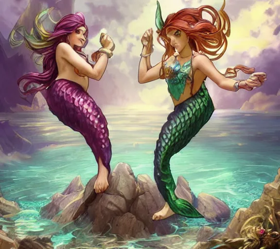 Image similar to two mermaids share a victorious fistbump, crepuscular rays behind fistbump, whimsical, dungeons and dragons, league of legends splash art, heroes of the storm splash art, hearthstone splash art, world of warcraft splash art, overwatch splash art, art by artgerm, art by alphonse mucha, intricately detailed, highly detailed, trending on artstation,