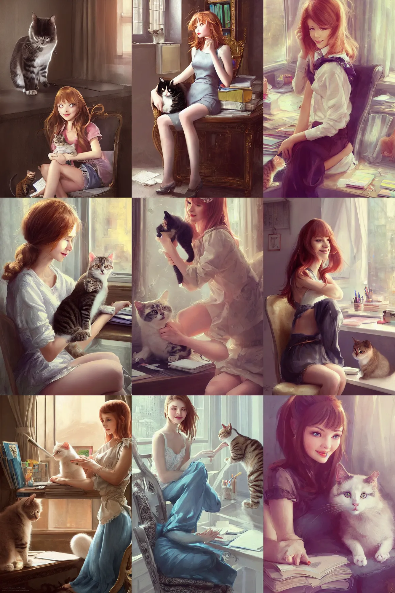 Prompt: a beautiful russian girl sitting in her office petting a cat in her lap | | cute - fine - subtle smile, unique hairstyle, face, pretty face, fine details by stanley artgerm lau, wlop, rossdraws, james jean, andrei riabovitchev, marc simonetti, and sakimichan, trending on artstation