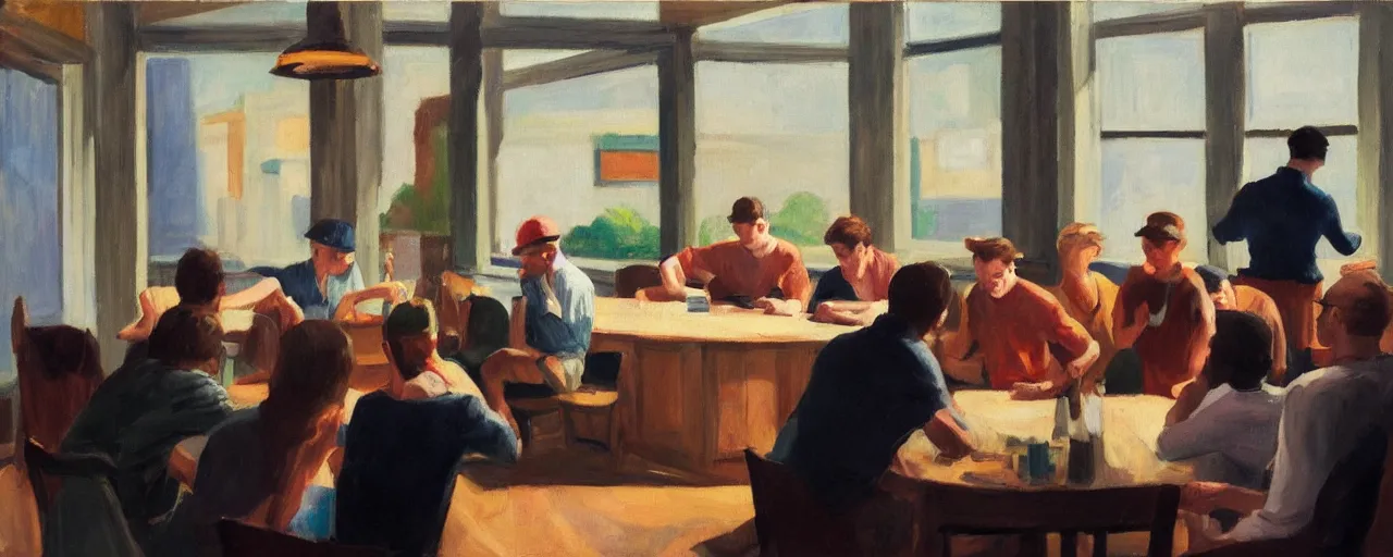 Image similar to a group of gen z friends sitting around talking about climate change while drinking old fashions, one of the friends is standing in preaching, in the style of an edward hopper painting