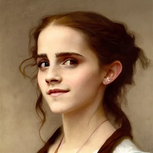 Image similar to Painting of Emma Watson as Hermione Granger. Smiling. Happy. Cheerful. Art by william adolphe bouguereau. Extremely detailed. Beautiful. 4K. Award winning.