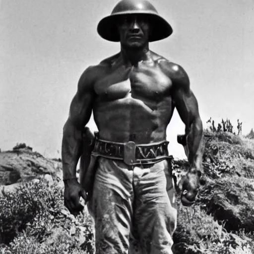 Prompt: the rock dwayn johnson Soldier , Historical photo in ww2