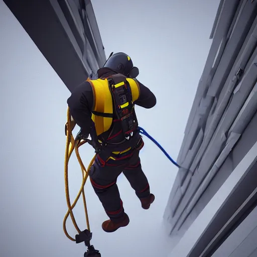 Image similar to rope access technician, extreme cold, cloudy weather, octane render, volumetric lightning, hyperrealistic, cgi, - q 2, 8 k