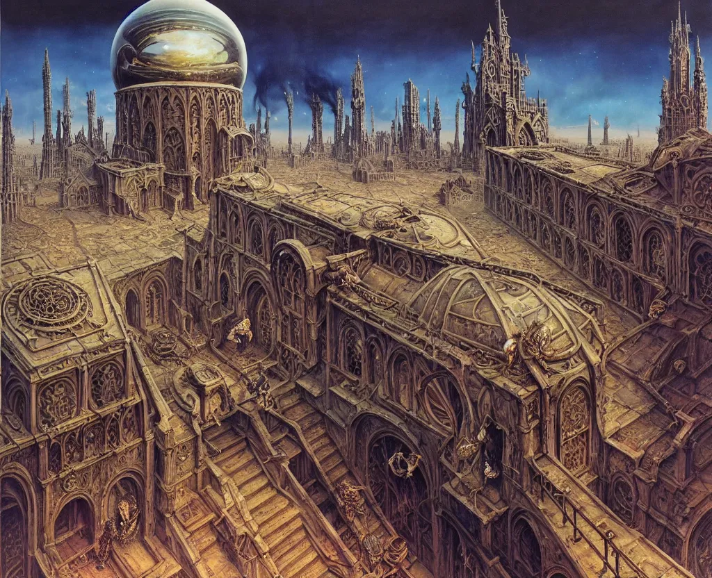 Image similar to fish eye view of detailed portrait, intricate complexity, huge gothic crematorium on desert planet, elevator, side ramp entrance vehicle, dead bodies, guards intricate, painting by lucian freud and mark brooks, bruce pennington, dark colors, neon, death, guards, nice style smoke