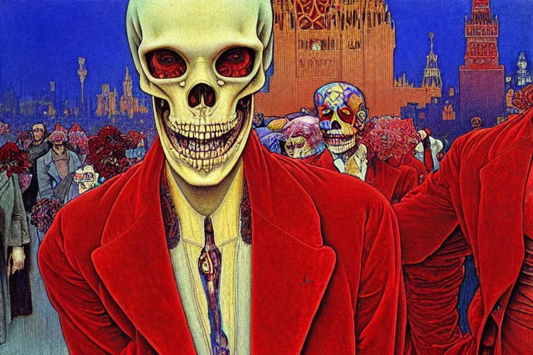 Image similar to realistic detailed closeup portrait painting of a single skeleton wearing red velvet blazer in a crowded futuristic moscow street by Jean Delville, Amano, Yves Tanguy, Alphonse Mucha, Ernst Haeckel, Edward Robert Hughes, Roger Dean, rich moody colours, blue eyes