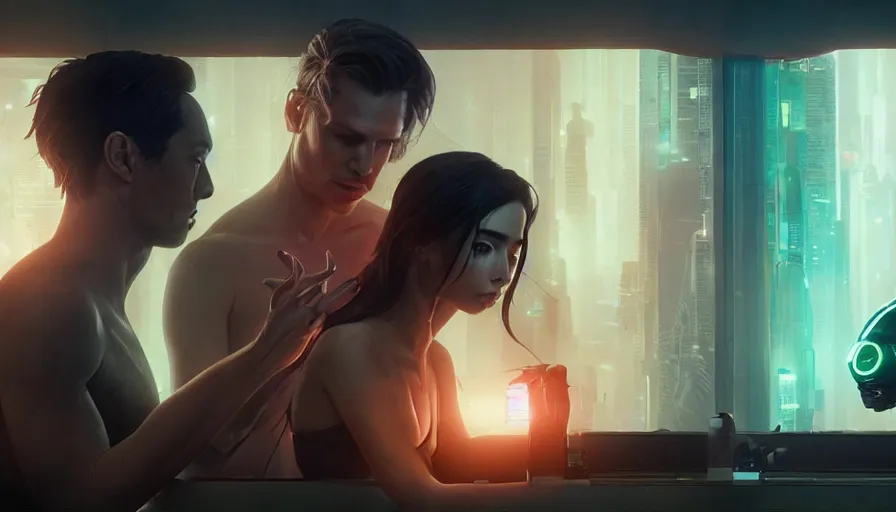 Prompt: intimacy, altered carbon, highly detailed surreal vfx portrait of a robot android, ana de armas, madison beer, stephen bliss, unreal engine, greg rutkowski, loish, rhads, beeple, makoto shinkai and lois van baarle, ilya kuvshinov, rossdraws, tom bagshaw, global illumination, detailed and intricate environment