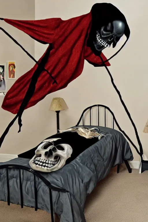 Prompt: The grim reaper crossed with a spider looming over a sleeping childs bed preparing to eat his soul