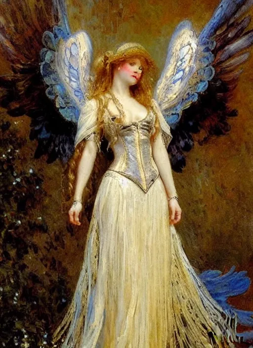 Image similar to vertical prtrait of an angel knight gothic girl, baroque dress. by gaston bussiere